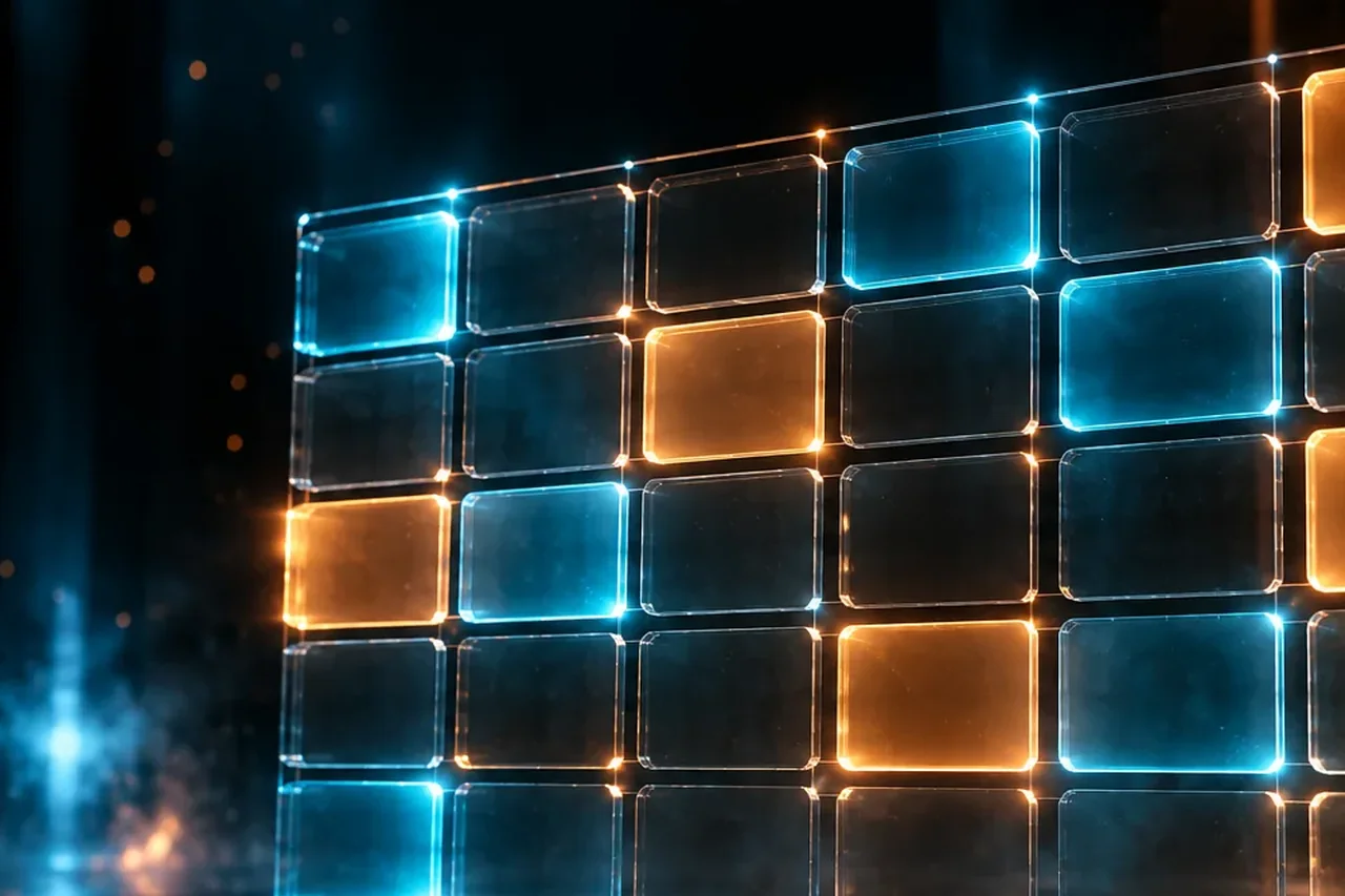 Une grille de verre faite de carreaux bleus et cuivrés lumineux sur un sol sombre réfléchissant