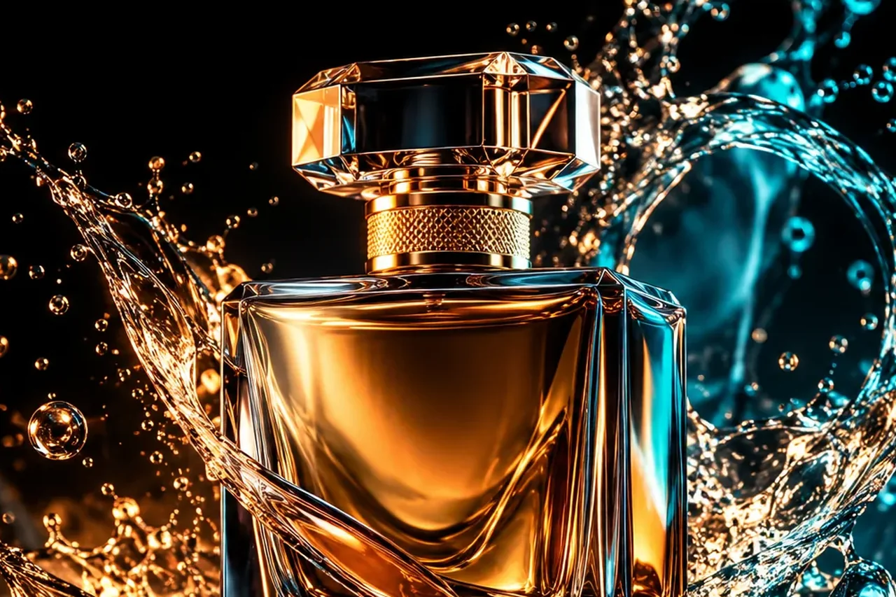 Un flacon de parfum en verre au bouchon doré et une éclaboussure d’eau figée en l’air sur fond noir