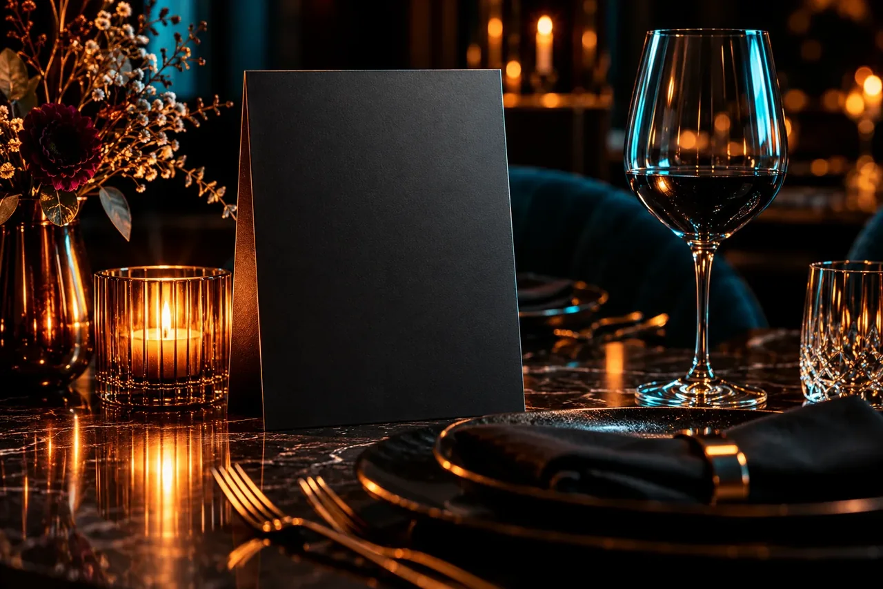 Une carte de menu vide à côté d’un verre de vin et d’une bougie sur une table de restaurant sombre, sous une lumière chaude cuivrée