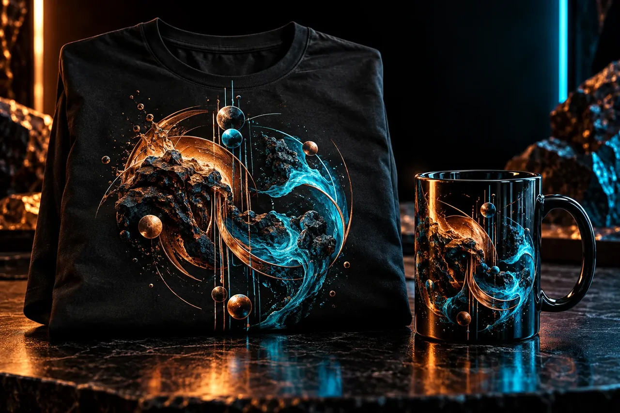 Un t-shirt noir et une tasse en céramique avec un visuel audacieux cuivre et bleu-vert sur une table sombre