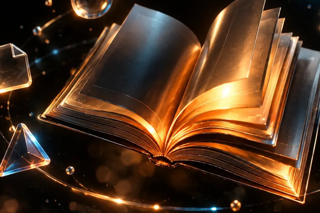 Un livre ouvert aux pages dorées lumineuses sur fond sombre